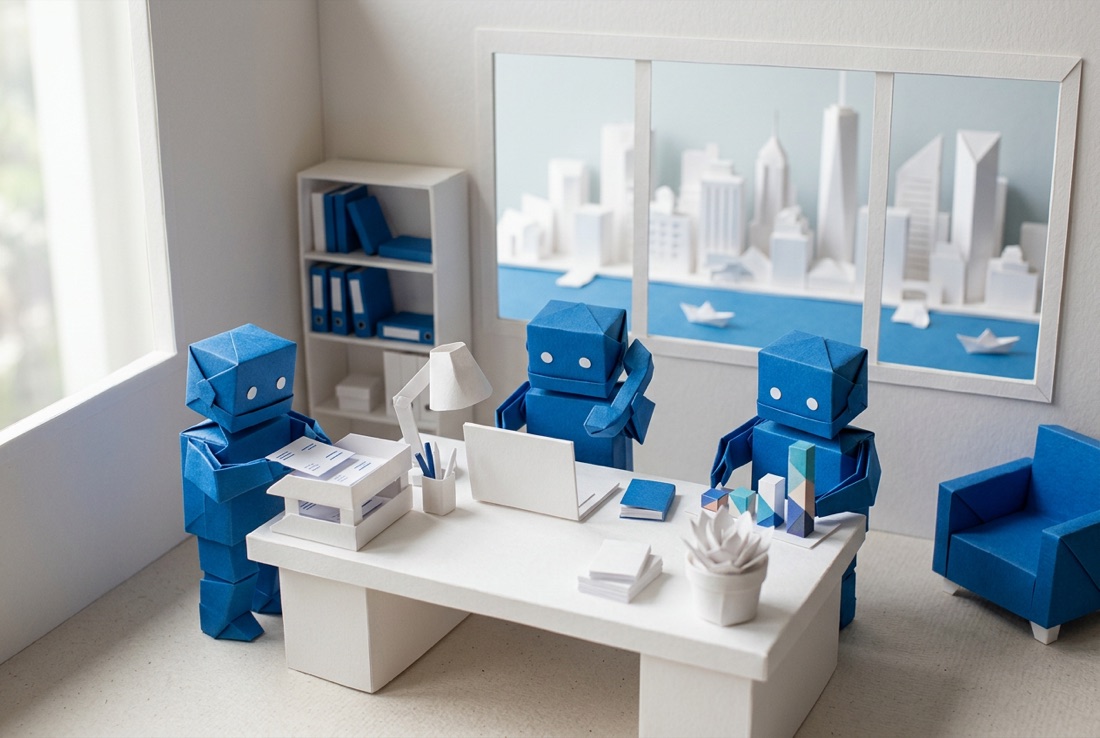 Origami paper robots handling invoices, a phone call, and a chart at an office desk
