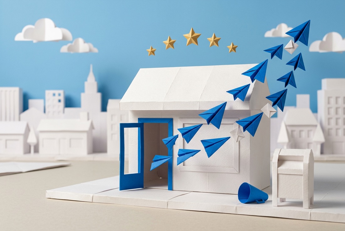 Origami paper airplanes carrying envelopes out of a paper storefront under five gold stars