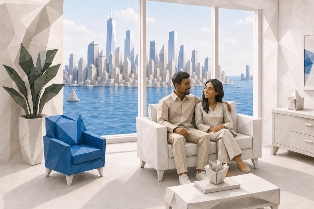 Folded-paper living room scene with a city skyline, from a scroll-animated site we built