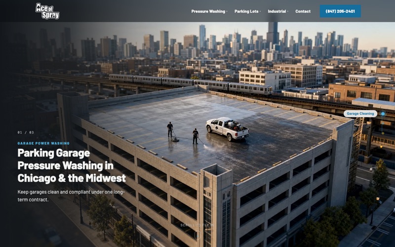 Ace of Spray homepage showing a parking garage pressure washing scene