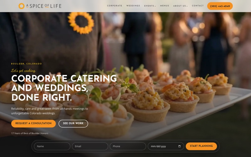 A Spice of Life Catering homepage with a catering spread
